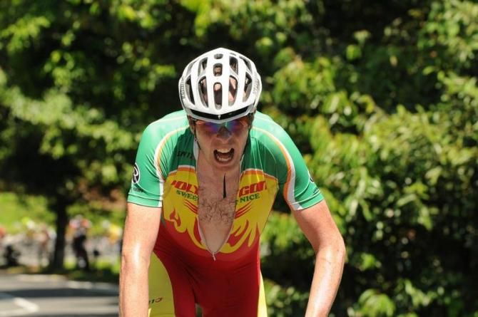 Ryan Sherlock of Polygon Sweet Nice Cycling Team. He would go on to crash 100 metres before the finish line.