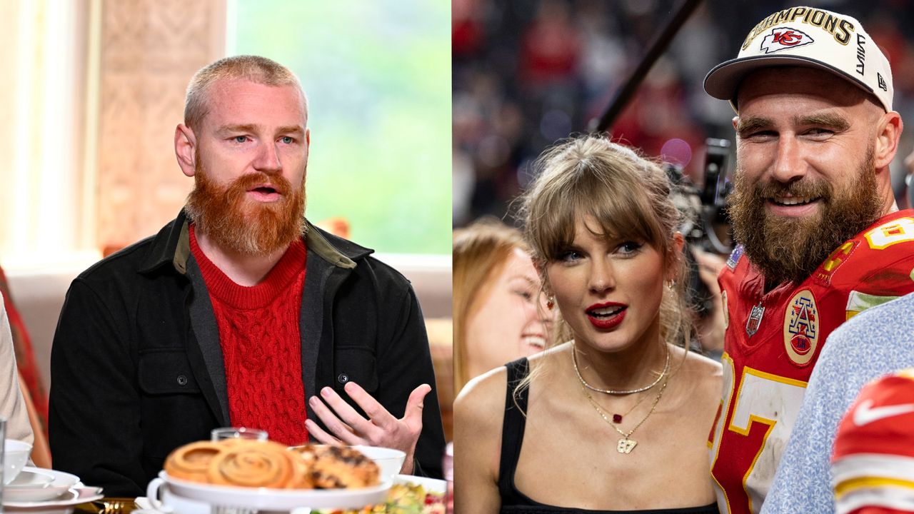 Wes Bergmann on The Traitors season 3; Taylor Swift and Travis Kelce on the field after the 2024 Super Bowl