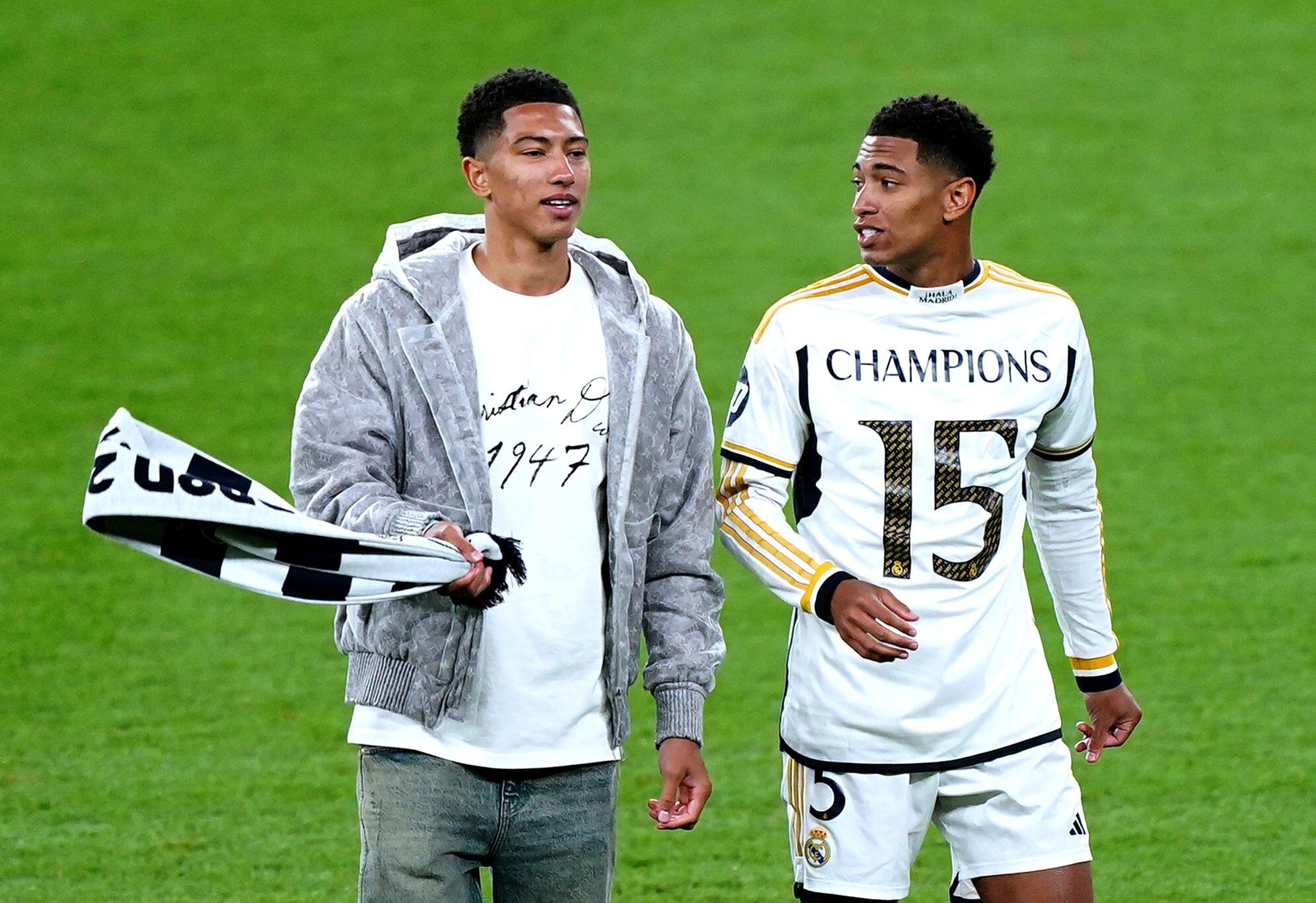 Jobe Bellingham and Jude Bellingham after Real Madrid's victory in the 2024 Champions League final against Borussia Dortmund at Wembley Stadium
