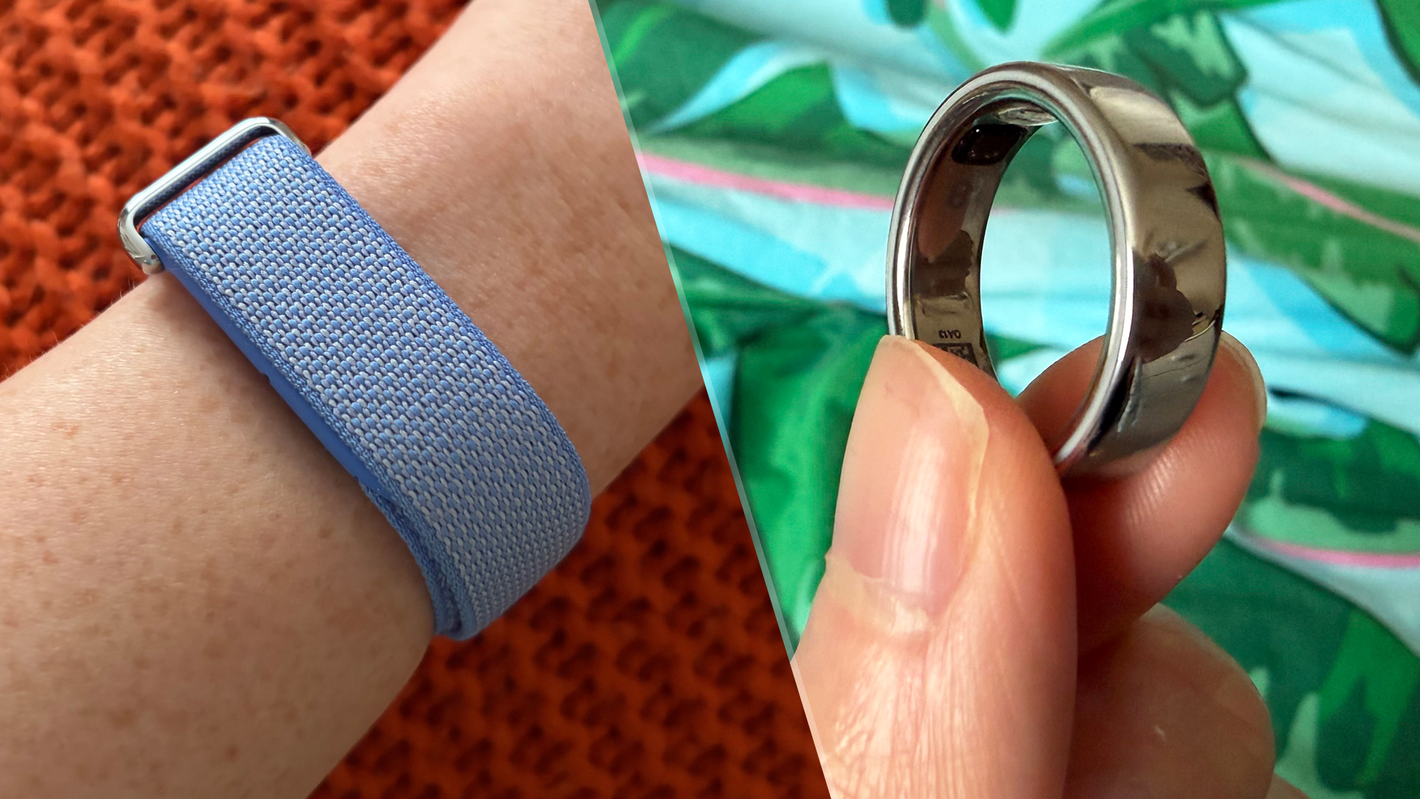 On the left, a close up of a wrist wearing a Fitbit Air tracker. On the right, a close up of an Oura Ring 5 being held between two fingers