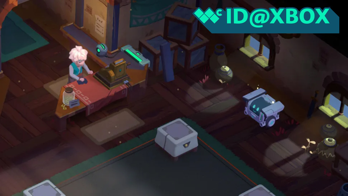 A screenshot from Moonlighter 2 showing the main character cleaning the top of a table with a rag. A graphic in the top right shows the Windows Central logo and says, "ID@Xbox."