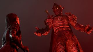Baldur's Gate 3 - an oathbreaker knight looms over the player in an all-red vision