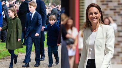  Composite of Prince George, Charlotte and Louis at on Christmas Day 2023 and Kate Middleton at Little Village Brent in 2022