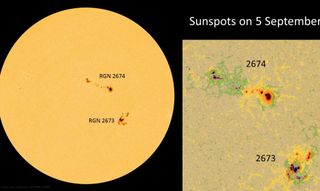 Two large sunspot groups were visible on Tuesday (Sept. 5).