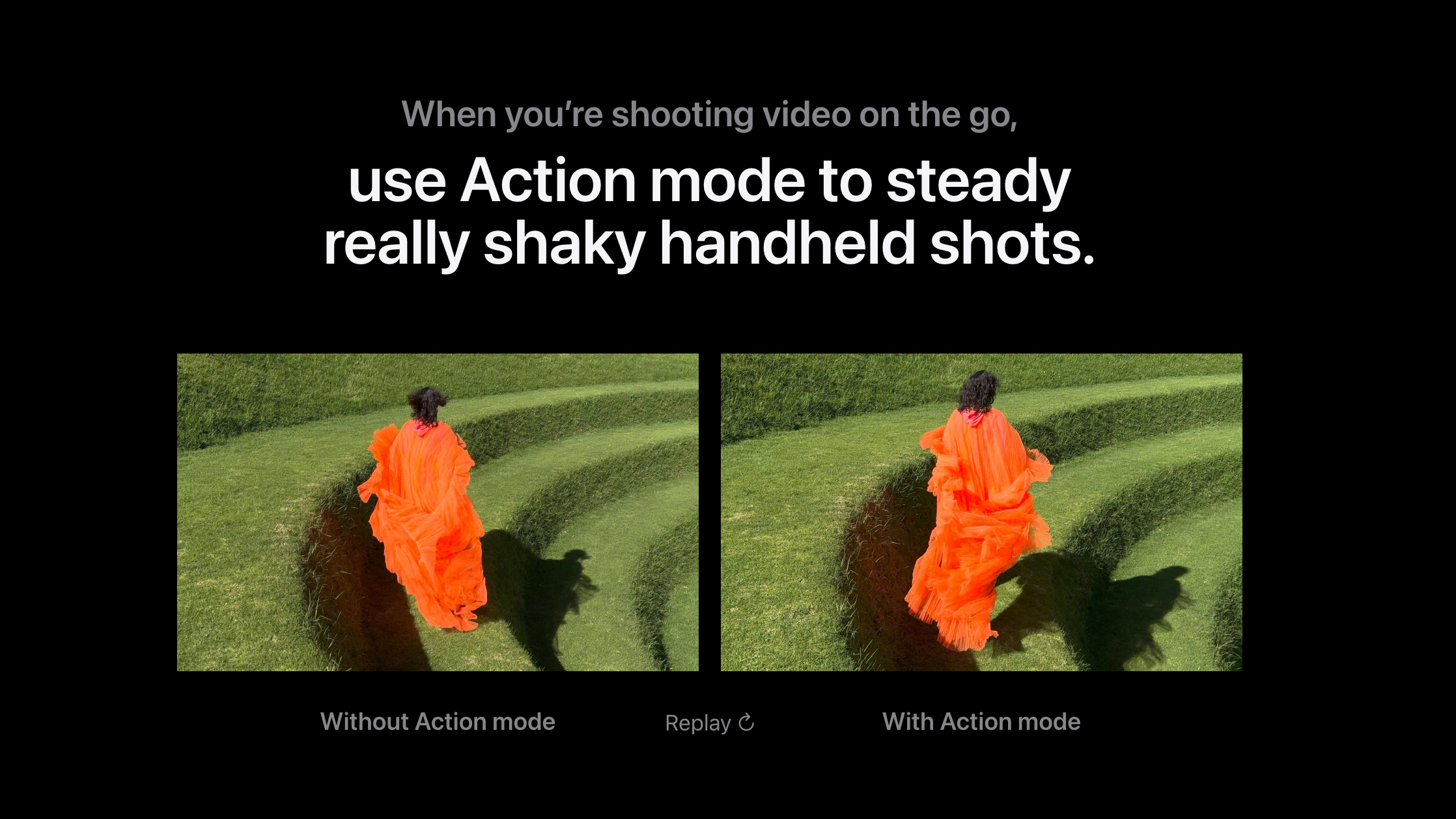 Two videos of a woman running to show the iPhone's action mode