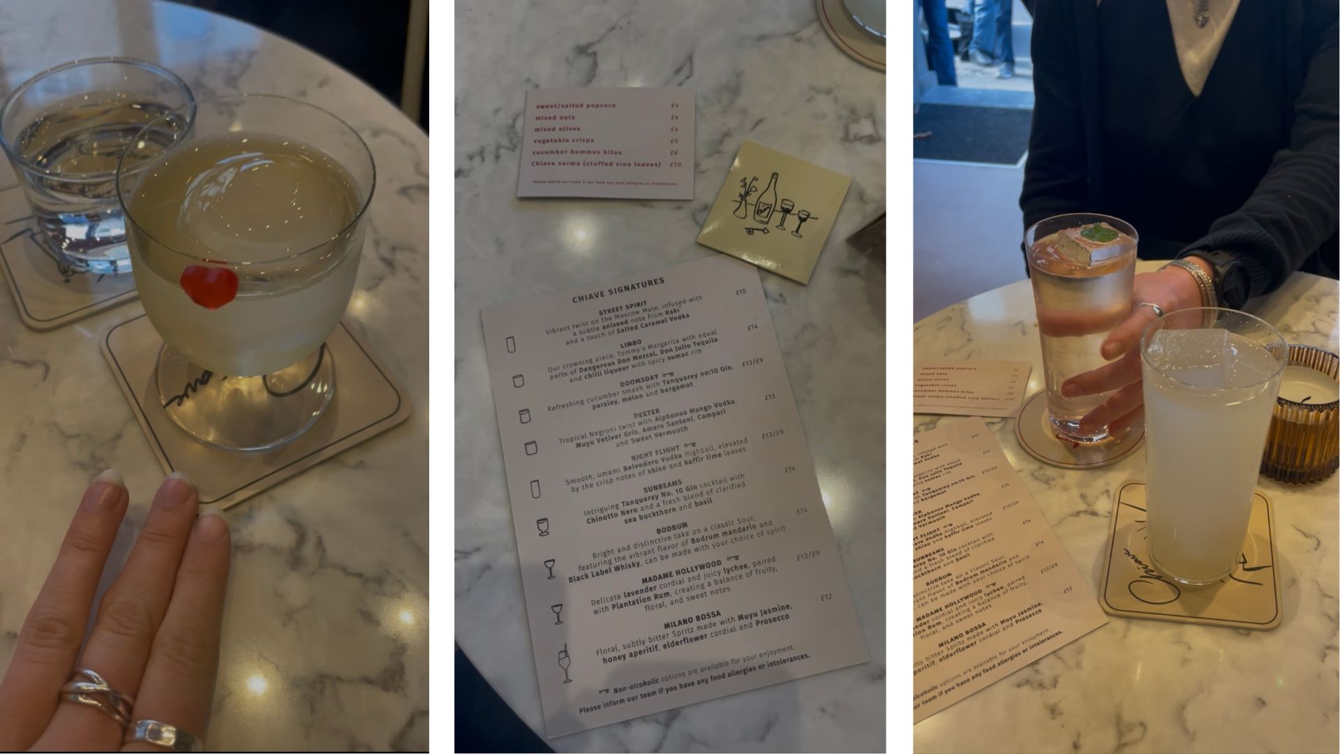 three images side by side from Chiave - the left hand image shows their Doomsday cocktail made with Gin and basil. The middle image shows the menu and the table. The right hand image shows two of their cocktails on the table
