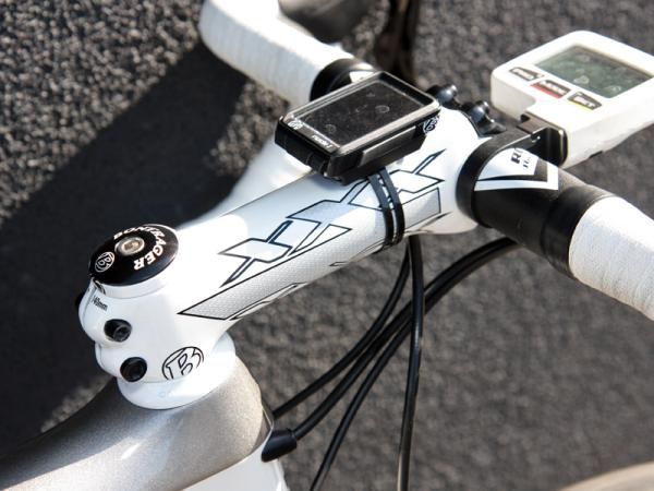 Fabian Cancellara (Leopard Trek) is using an extra-long 140mm Bontrager Race XXX Lite carbon stem slammed right on top of the headset.