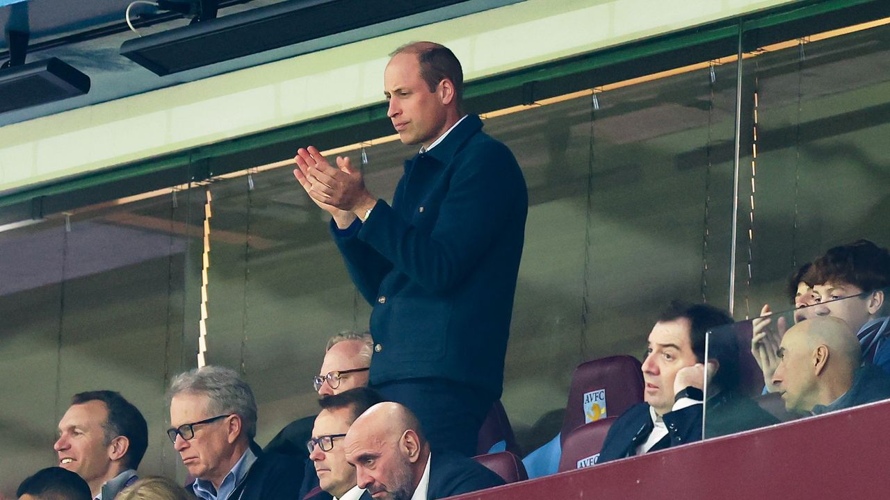 Prince William, Prince of Wales applauds the team during the UEFA Europa Conference League 2023/24 Quarter-final first leg match between Aston Villa and Lille OSC at Villa Park on April 11, 2024 in Birmingham, England.