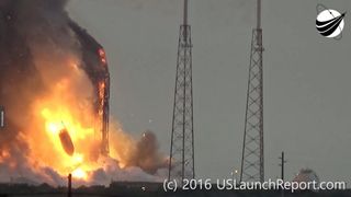 The payload fairing holding the Amos-6 satellite falls to the ground following the explosion of a SpaceX Falcon 9 that had been scheduled to launch Sept. 3.