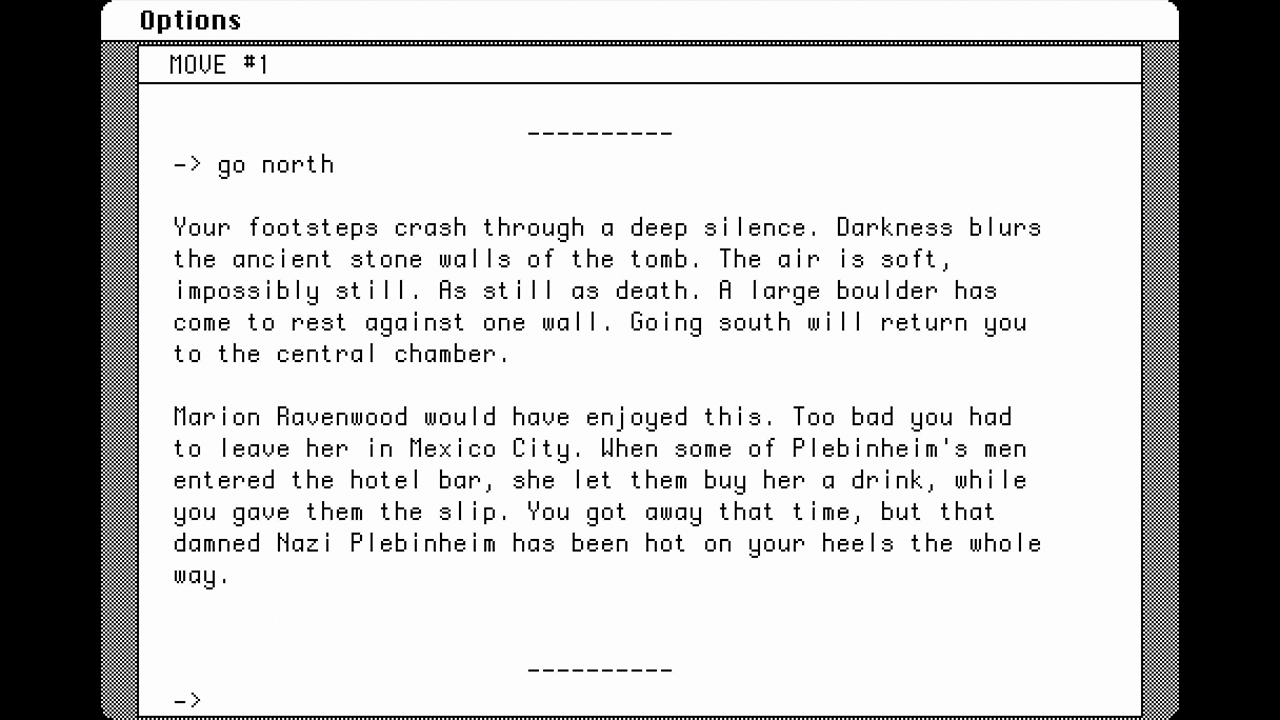 Indy reflects on Marion Ravenwood as he explores a tomb in Indiana Jones in Revenge of the Ancients, a text-based adventure game - from Retro Gamer magazine
