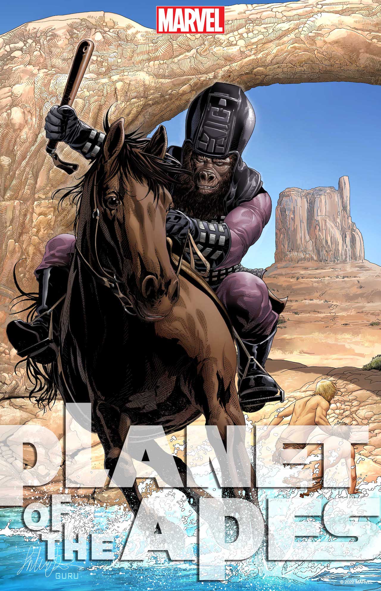Salvador Larroca Planet of the Apes artwork of ape riding horse past human