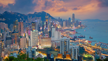 Hong Kong skyline at sunset.