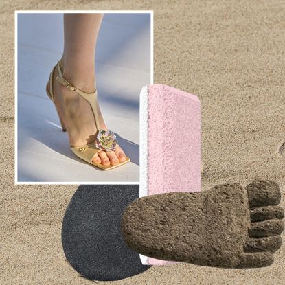 smooth feet on a sandy background with pumice stones