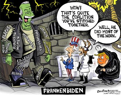 Political Cartoon U.S. Trump Biden coalition Frankenstein