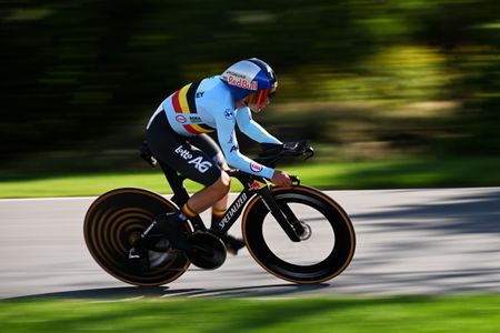 Remco Evenepoel rounds a bend during the UCI Road World Championships time trial in Montreal