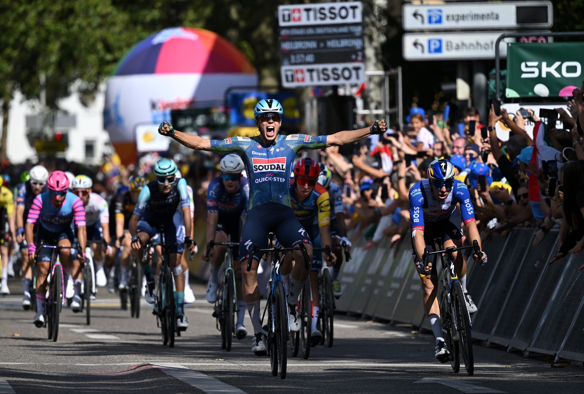 Paul Magnier of France and Team Soudal Quick-Step celebrates at finish line as stage winner during the 40th Deutschland Tour 2026