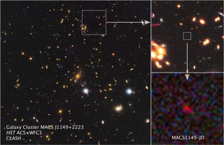 Big image at left: The many galaxies of a massive cluster called MACS J1149+2223 dominate the scene. Gravitational lensing brightened the light from distant newfound galaxy, known as MACS1149-JD (insets), some 15 times, bringing the remote object into view. Light from the new galaxy traveled 13.2 billion light-years to reach Earth.