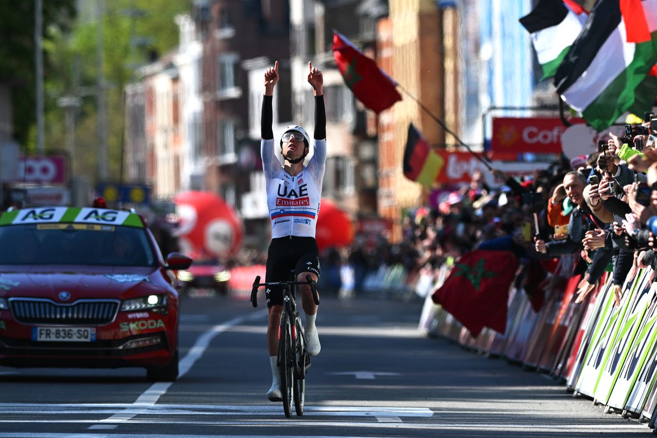 Tadej Pogačar celebrates his win at the 2024 edition of Liège-Bastogne-Liège