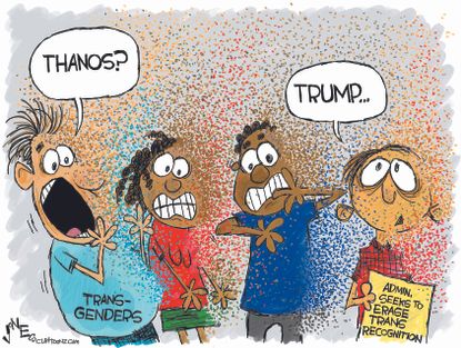 Political cartoon U.S. transgender erasure Trump administration Thanos