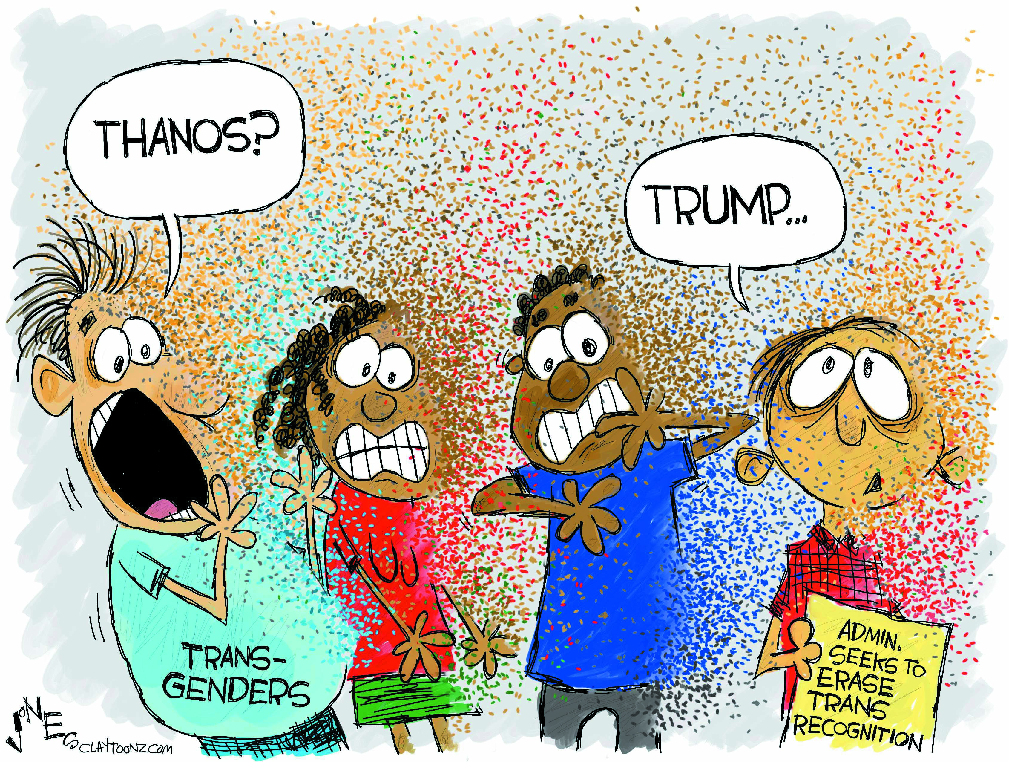 Political cartoon U.S. transgender erasure Trump administration Thanos