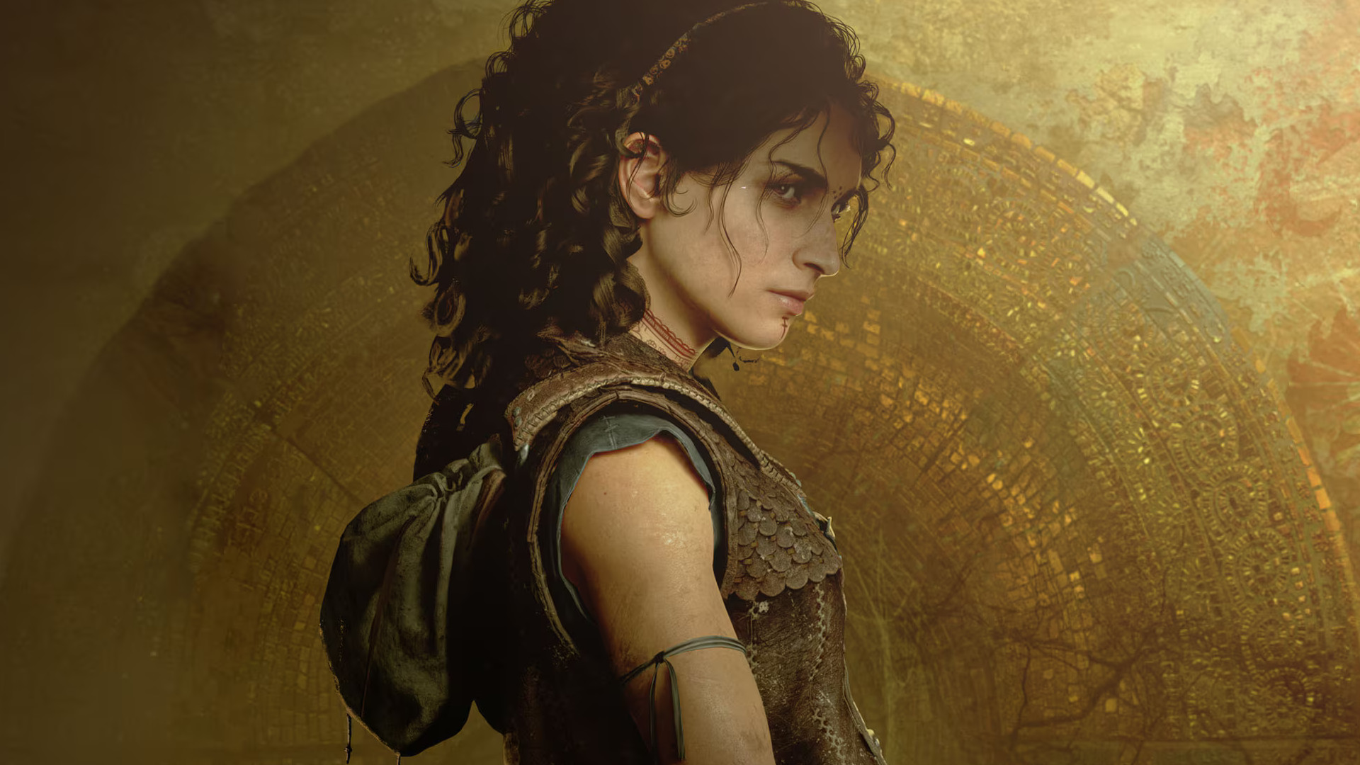 Key art for Resonance: A Plague Tale Legacy with Sophia standing in front of a labyrinth-style mural with a curved sword, cropped closer to see Sophia
