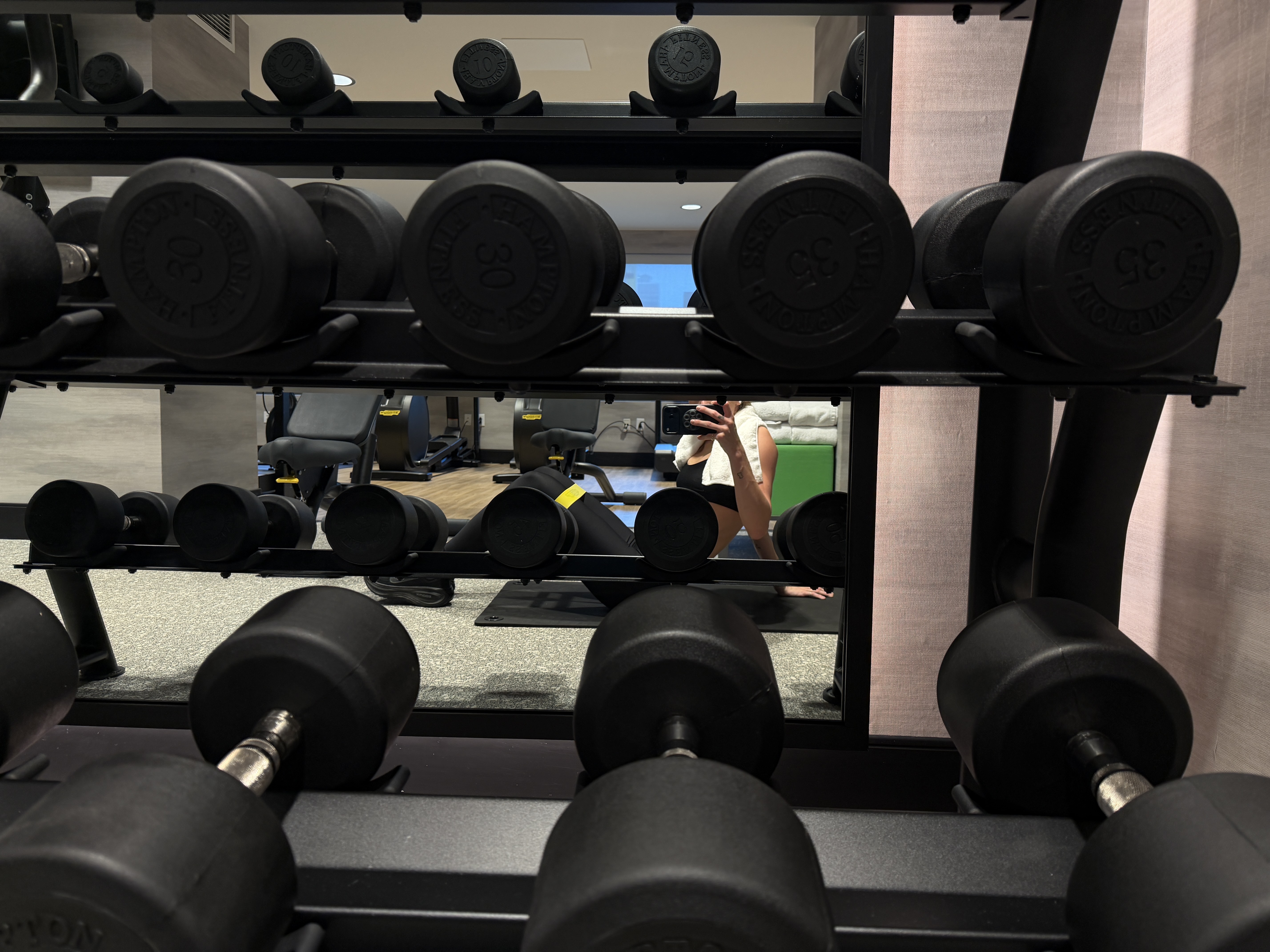 Eliza Huber in the hotel gym at the Alexander Hotel in Indianapolis.