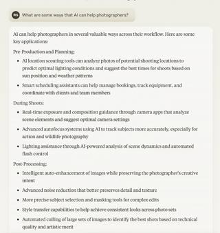 An screengrab of Claude AI giving reasons AI can help photographers