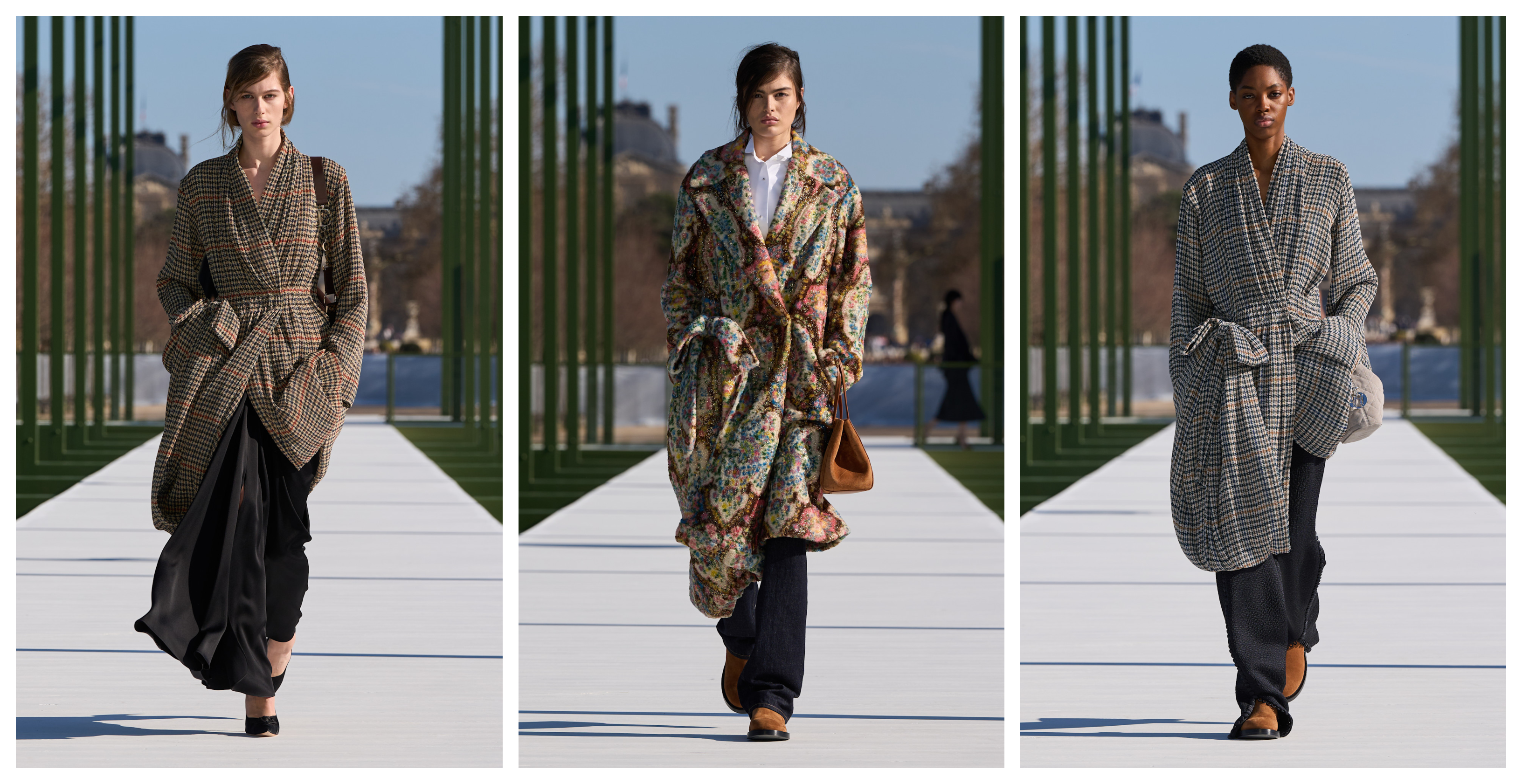 models on the Dior Fall 2026 fashion show runway wearing robe coats