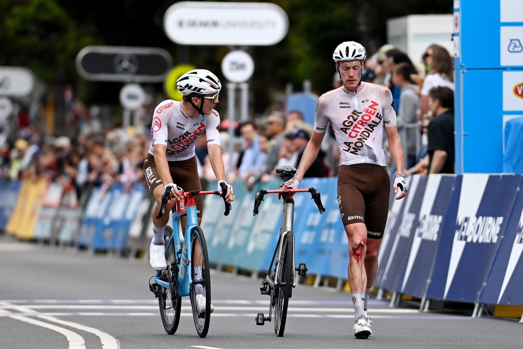 GEELONG AUSTRALIA JANUARY 29 LR Paul Lapeira of France and Dorian Godon of France and AG2R Citren Team after crashing at the finish line during the 7th Cadel Evans Great Ocean Road Race 2023 Mens Elite a 1743km one day race from Geelong to Geelong CadelRoadRace on January 29 2023 in Geelong Australia Photo by Tim de WaeleGetty Images