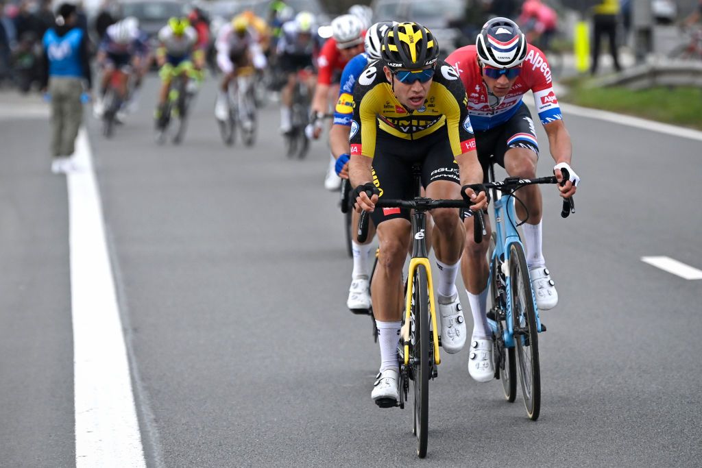 Belgian Wout Van Aert of Team JumboVisma and Dutch Mathieu van der Poel of AlpecinFenix pictured in action during the E3 Saxo Bank Classic cycling race 2039km from and to Harelbeke Friday 26 March 2021 BELGA PHOTO DIRK WAEM Photo by DIRK WAEMBELGA MAGAFP via Getty Images