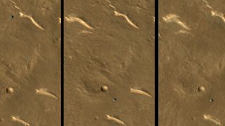 Three images taken by the Mars Reconnaissance Orbiter in 2022 and 2023. The rover is the blue dot in the upper part of the leftmost image and bottom of the middle and right image. The first image was taken in March 2022 before the rover went into hibernation. The second two were taken in September 2022 and in February 2023.