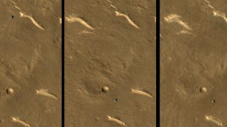 Three aerial images of mars, showing a blue dot that is the Chinese rover. In the first image, the dot is in the top of the photo. In the next two, it is in the bottom middle.