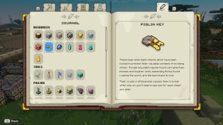 Minecraft Legends journal pag explaining that piglin keys are found by defeating piglins roaming the world.