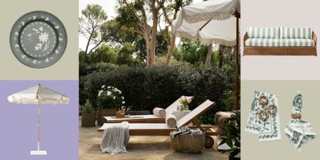 McGee & Co.'s Outdoor 2025 collection, including a fringed patio umbrella, floral plate, patterned napkins, and striped sofa, is pictured against a multicolor checkered background.