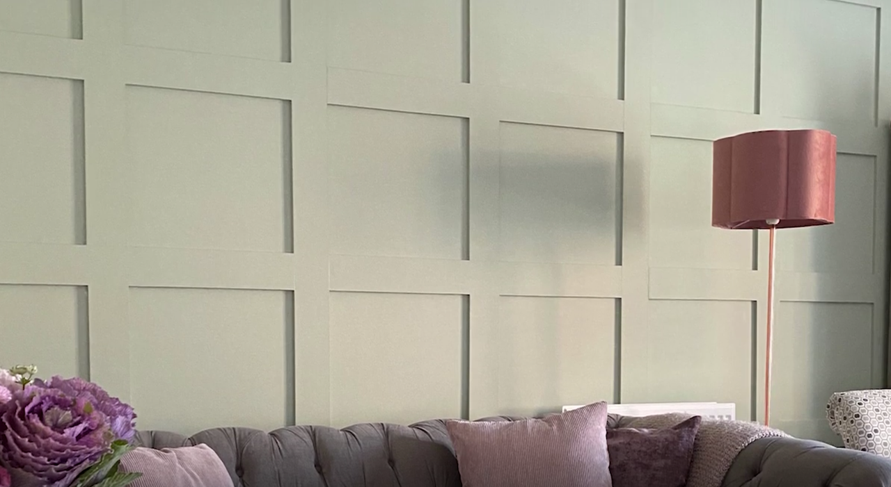 Shaker wall paneling DIY in sage matt green