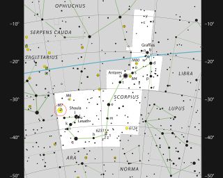 This chart shows the bright constellation of Scorpius (The Scorpion).