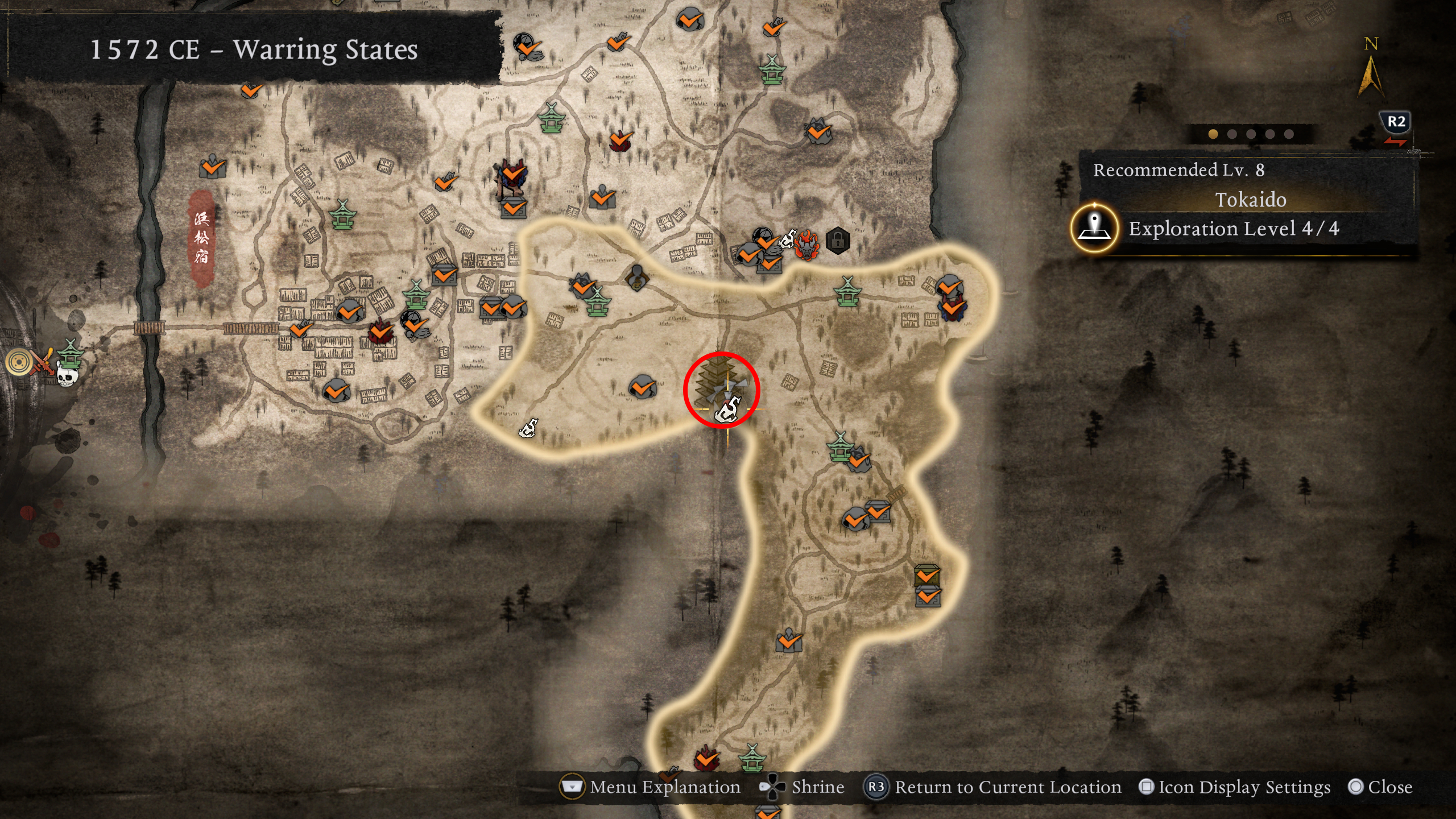 Nioh 3 Jakotsu-baba: A map with a red circle highlighting the location of the Mezuki optional boss in Tokaido.