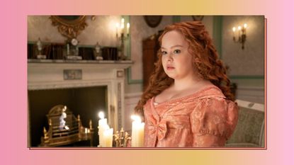 Bridgerton. Nicola Coughlan as Penelope Featherington in episode 201 of Bridgerton/ in a pink and yellow background