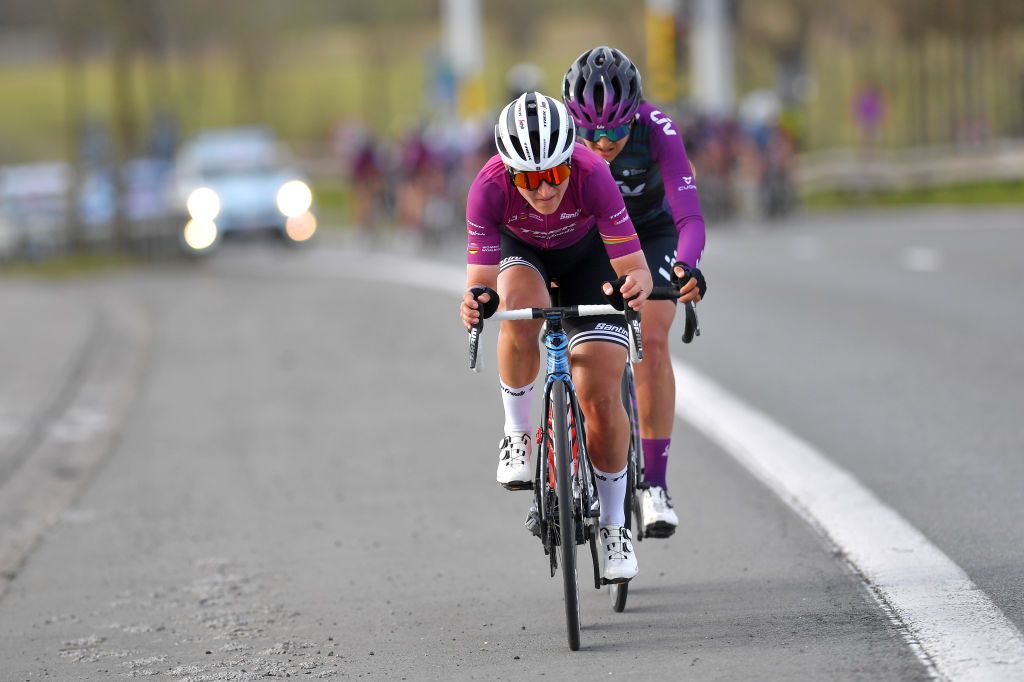 Elisa Longo Borghini (Trek-Segafredo) in the Women&#039;s WorldTour leader jersey and Soraya Paladin (Liv Racing) out the front at Gent-Wevelgem 2021