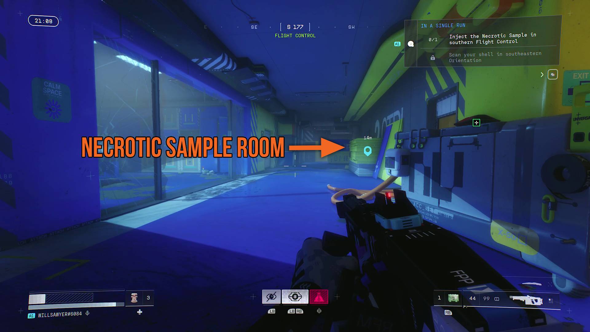 Marathon Introducing Sekiguchi flight control south corridor with arrow pointing to workshop containing necrotic sample