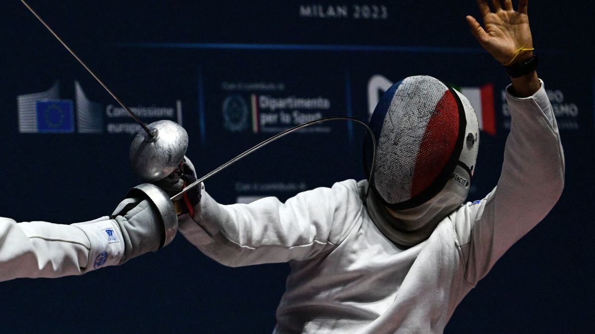 France&#039;s Romain Cannone takes a hit in the Epee ahead of the 2024 Paris Olympic Fencing.