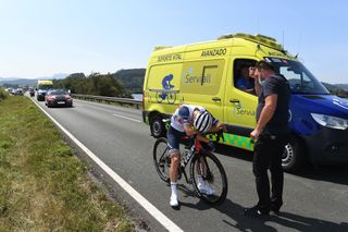 Giulio Ciccone of Italy and Team Trek Segafredo abandons the race after crash during the 76th Tour of Spain 2021 Stage 16