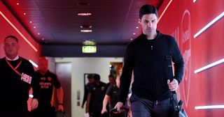 Arsenal manager Mikel Arteta arrives at the stadium prior to the Premier League match between Arsenal FC and Wolverhampton Wanderers at Emirates Stadium on May 28, 2023 in London, England.