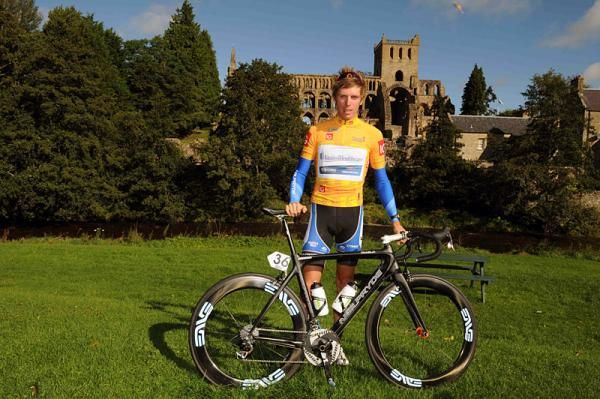 Race leader Boy van Poppel (UnitedHealthcare) by Jedburgh Abbey prior to the start of stage 3.