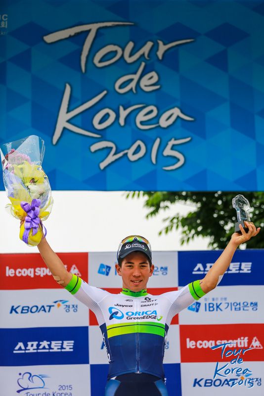 Stage 2 winner Caleb Ewan on the podium