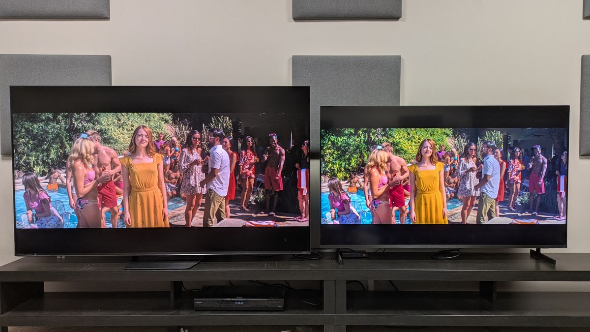 Hisense UR8 (left) in Cinema mode vs Samsung QN80H in Cinema mode showing Mia in a yellow dress from La La Land. Colors on the UR8 appear more toned down compared to the QN80H's.