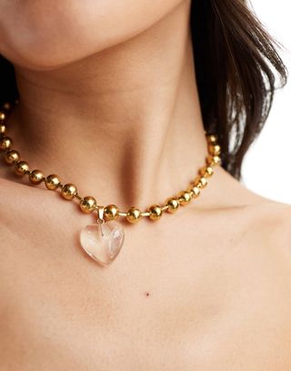 Neck on the Line, Cleo Gold Plated Stainless Steel Chain Necklace With Clear Heart Pendant