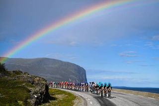 Somewhere over the rainbow is the breakaway, which Astana worked hard to try to catch on stage 3 of the 2018 Arctic Tour of Norway
