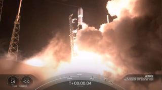 A SpaceX Falcon 9 rocket carrying 60 Starlink internet satellites lifts off from Space Launch Complex 40 of Cape Canaveral Space Force Base in Florida at 10:59 p.m. EST on Feb. 15, 2021.