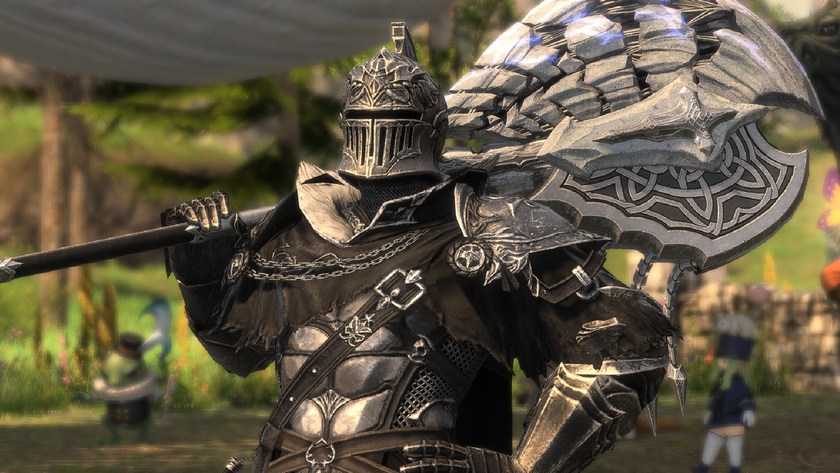 A warrior stands with an axe slung over their shoulder in Final Fantasy 14.